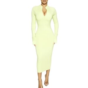 Naked Wardrobe | Sensual Half Zip Lime Green Long Sleeve Dress | Medium